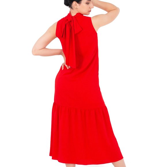 ALANTINO TIE NECK MAXI DRESS WITH SIDE POCKET-RED - Picture 7 of 10